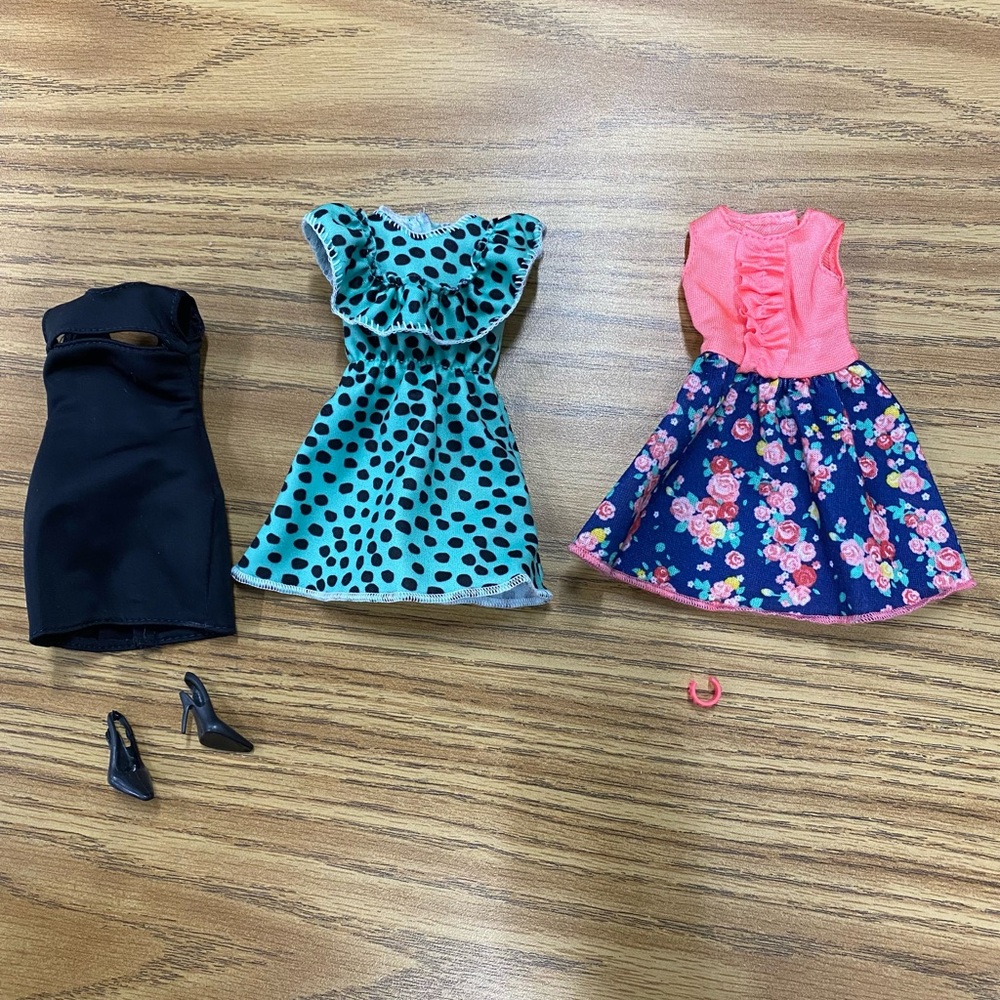 Set of Three 12 inch Doll (Barbie, etc.) Dresses, Earrings, and Shoes
